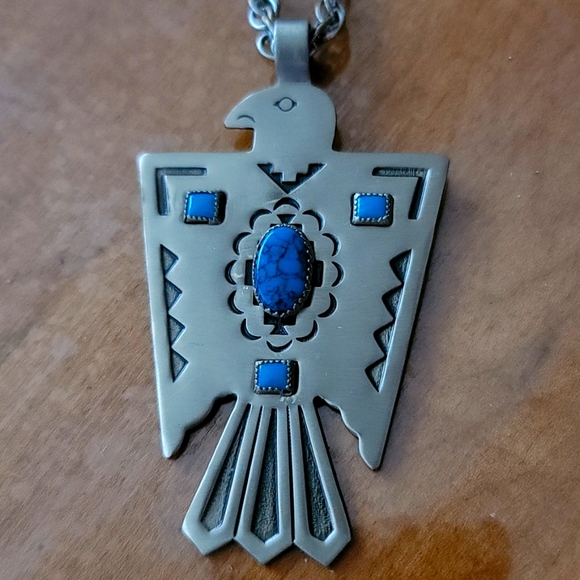 Nickel Silver Eagle w/ Turquoise Necklace And Chain - Picture 1 of 5